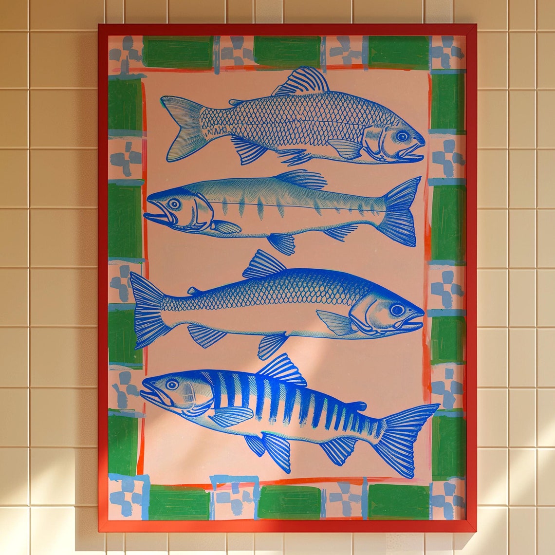 Retro Blue Fish Illustrations Kitsch Kitchen Salmon Decor Poster