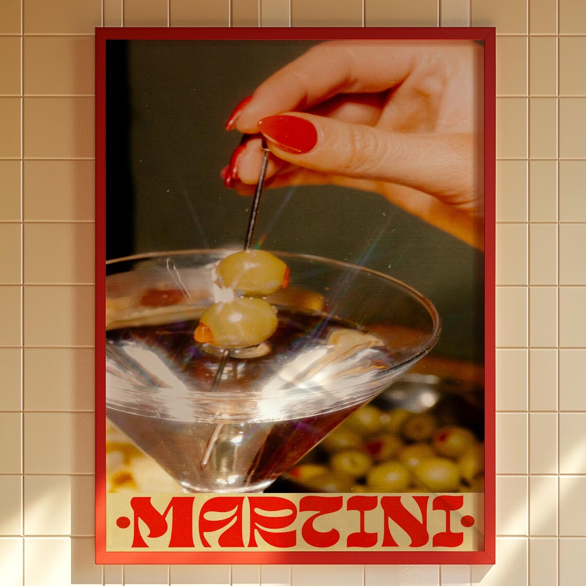 Martini Cocktail Olive Drop Poster Retro 70s Bar Cart Photo Art