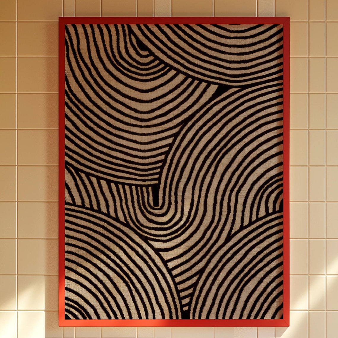 Retro Psychedelic Black Line Waves Abstract Decorative Art Print