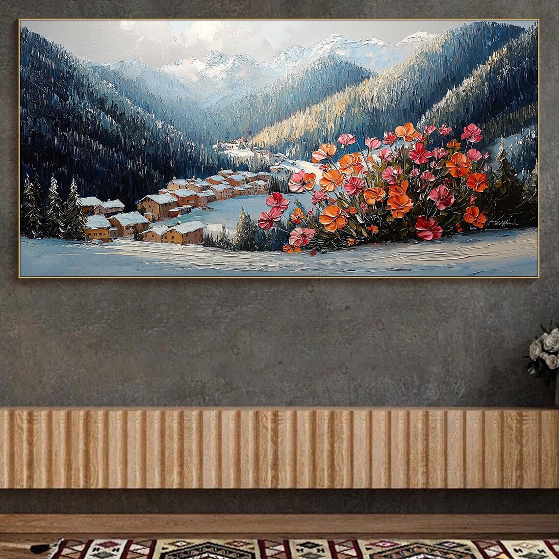Snowy Alpine Village Pink Blossom Tree Winter Impasto Art Poster - Image 5