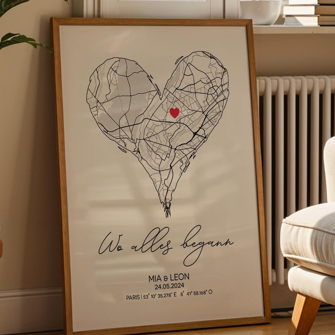 City Map Poster Personalized With Heart Coordinates Wedding Anniversary Engagement Gift A3a4 Framed Print
