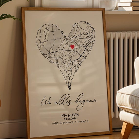 City Map Poster Personalized With Heart Coordinates Wedding Anniversary Engagement Gift A3a4 Framed Print