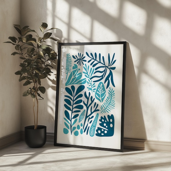 Matisse Style Teal Botanical Leaves Minimalist Plant Lover Wall Art