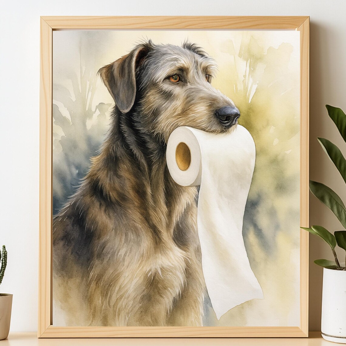 Funny Irish Wolfhound Holding Toilet Paper Watercolor Dog Bathroom Humor Print