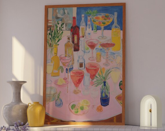 Cocktail Party Spread with Martinis Colorful Bar Cart Art Poster