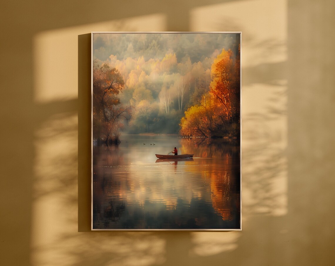 Misty Autumn Lake with Lone Rower Among Golden Foliage Poster