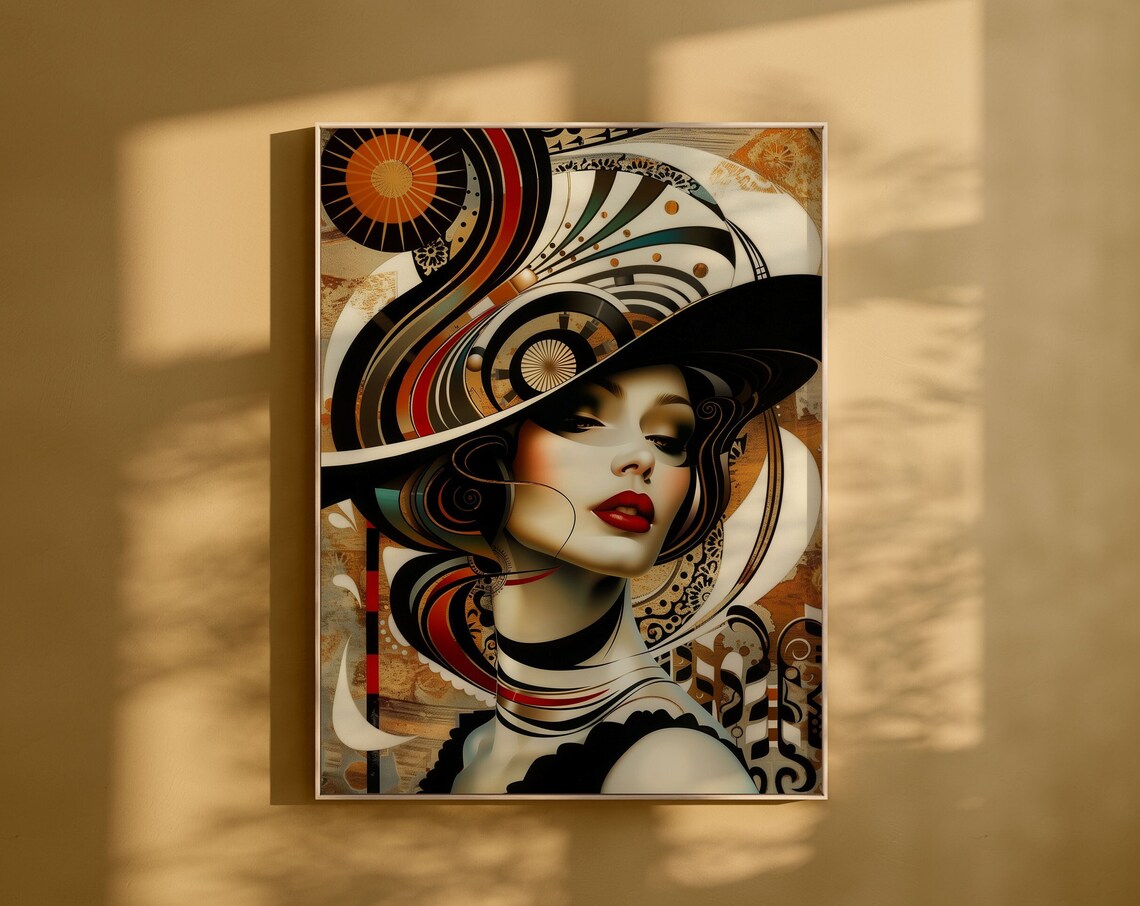 Art Deco Woman Portrait Swirling Hat Black Gold Red Glamour Poster