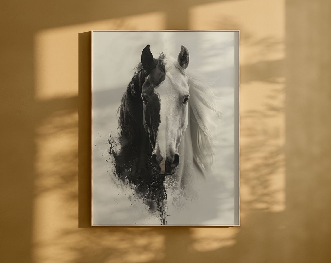 Black and White Split Horse Portrait Dramatic Equine Art Poster