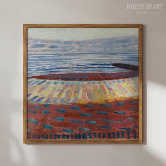 Abstract Seascape Painting Pointillism Square Landscape Art Sunset Painting Water Prints Colorful Wall Art Dutch Wall Art