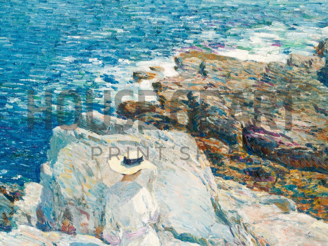 Woman White Dress Rocky Coast Overlook Blue Sea Impressionist Poster - Image 2