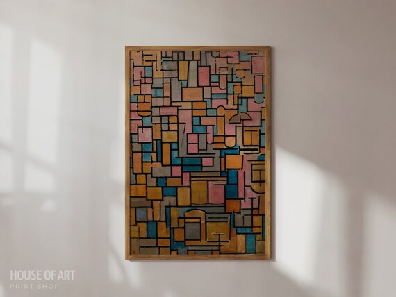 Abstract Composition In Warm Colors Artwork Black Lines Shapes Instant Print Orange Pink Blue Oil Painting