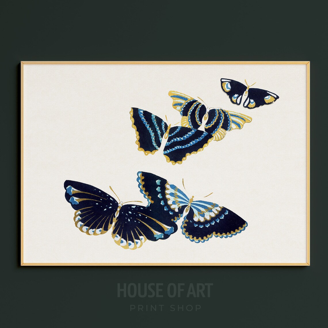 Dark Navy Butterflies Gold Accents Japanese Woodcut Art Poster - Image 3