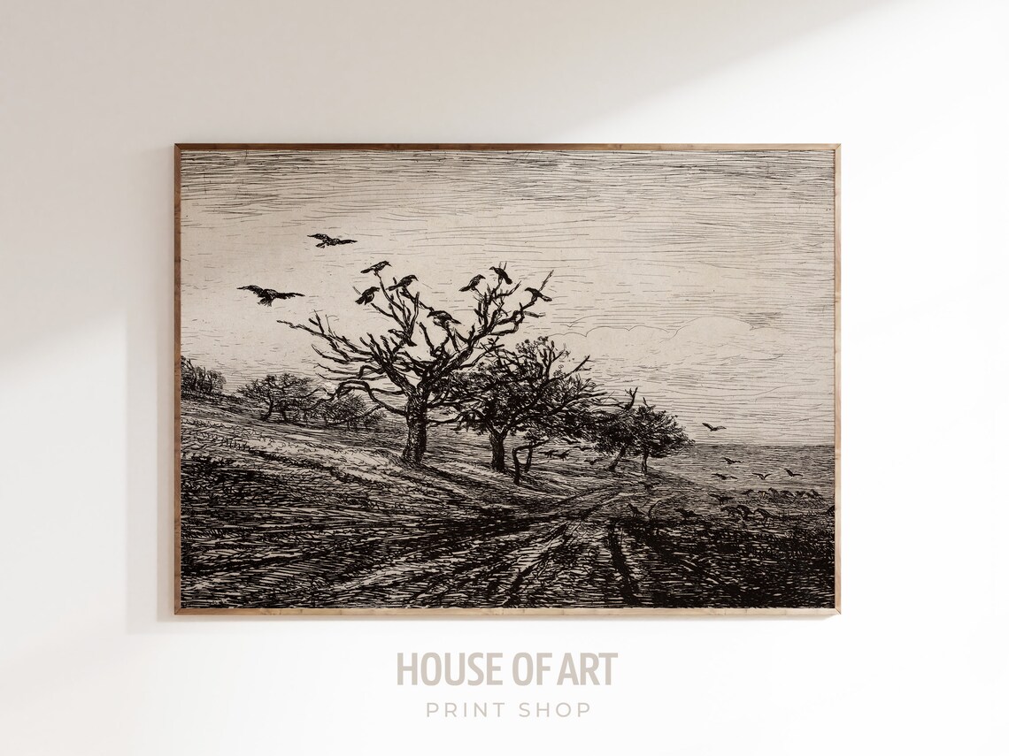 Tree With Crows, Vintage Moody Landscape Art Print
