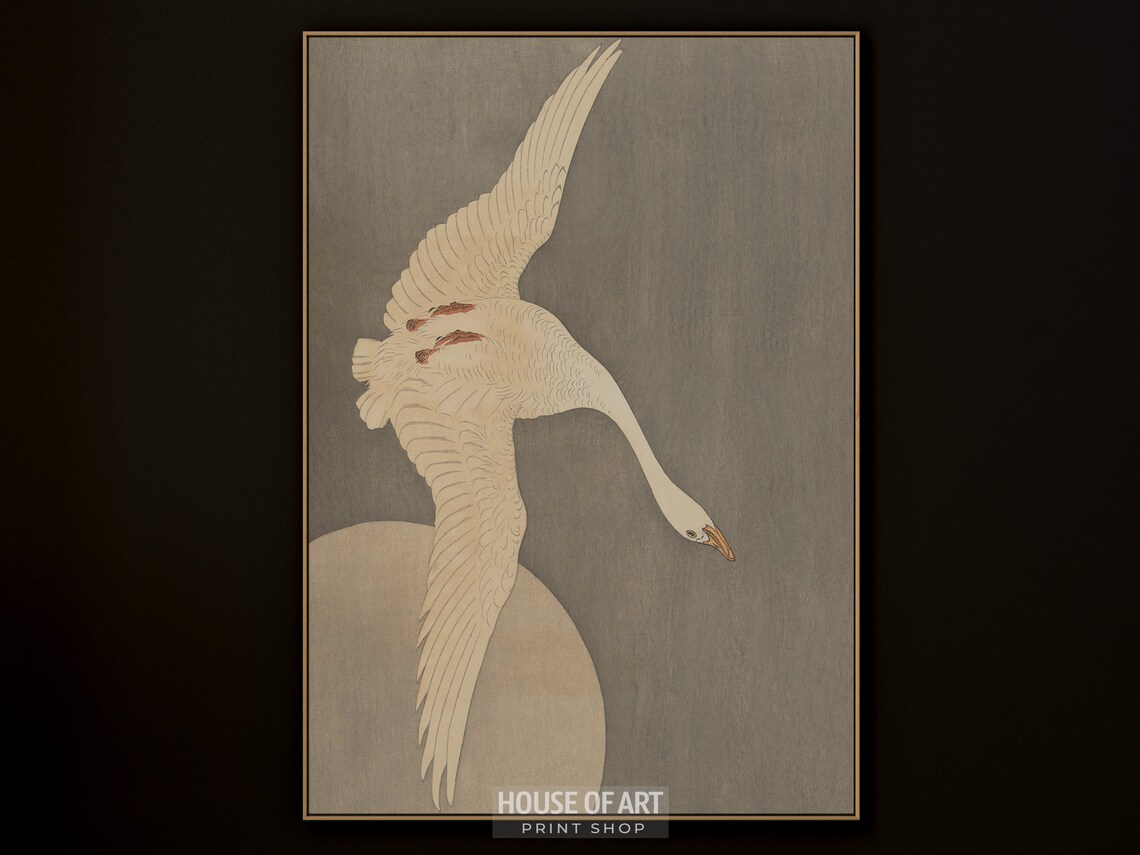 White Swan Diving Moonlit Sky Japanese Woodblock Bird Art Print Poster - Image 2