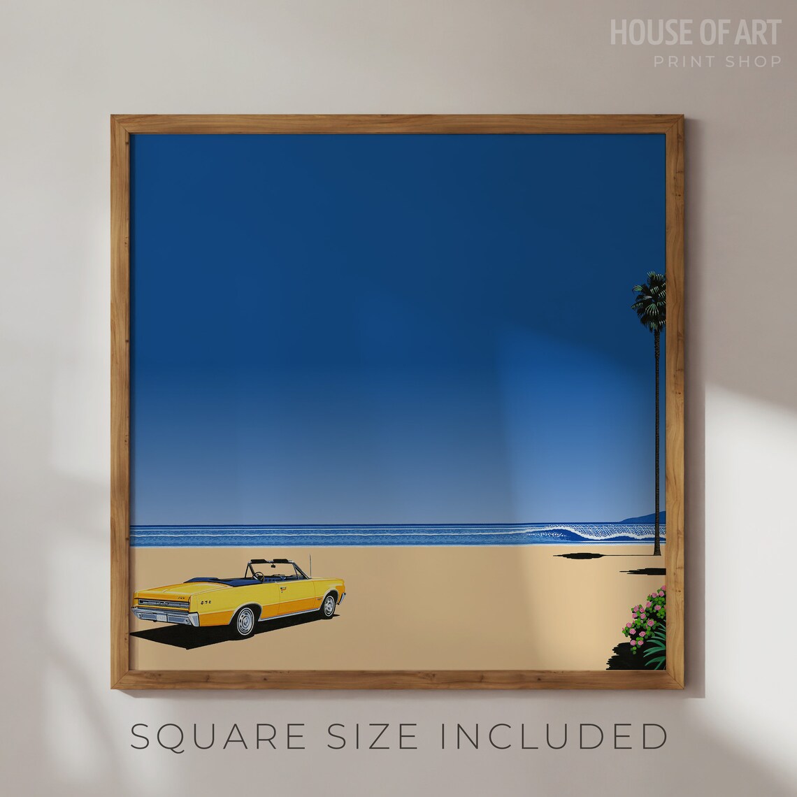 Retro Beach Yellow Convertible Classic Car Palm Trees City Pop Art Poster - Image 2