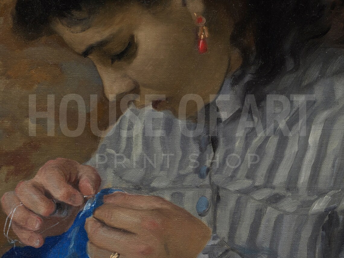 Vintage Portrait Young Woman Sewing Striped Blouse Oil Painting Poster - Image 3