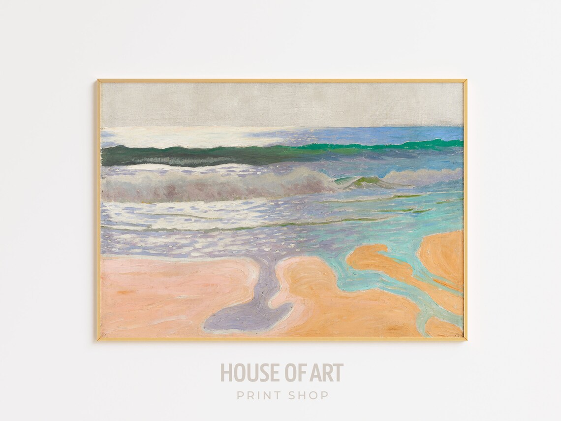Rolling Ocean Waves Sandy Beach Peach Sand Vintage Seascape Oil Painting Poster - Image 3