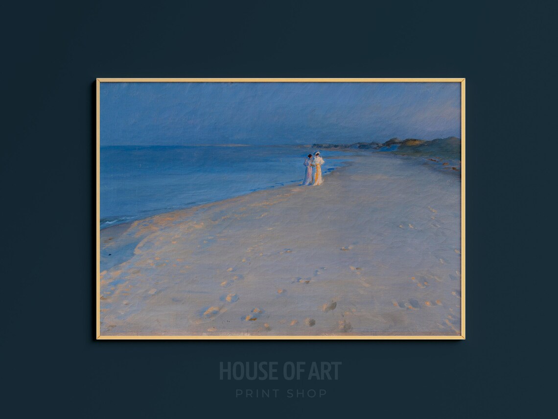 Moonlit Beach Night Walk Blue Hour Coastal Oil Painting Print - Image 3