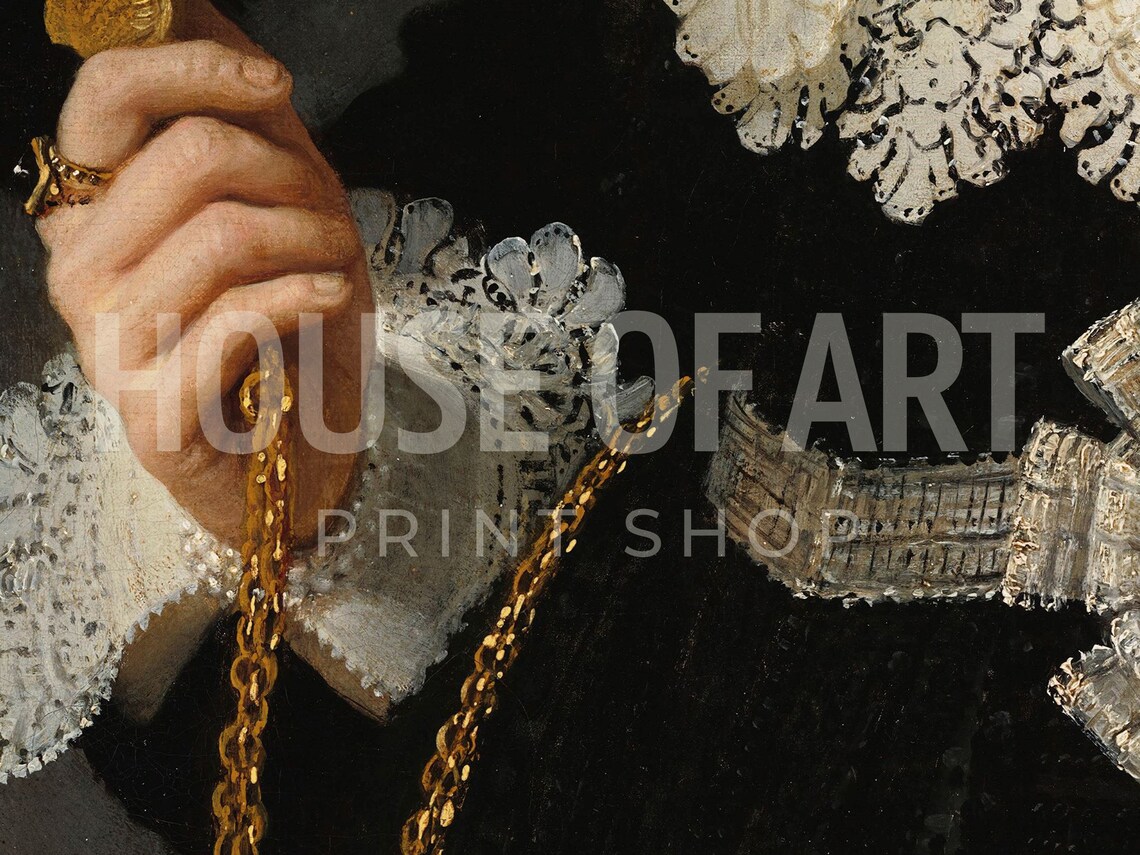 Antique Portrait Hand Gold Chain Lace Collar Dark Vintage Oil Painting Print - Image 2