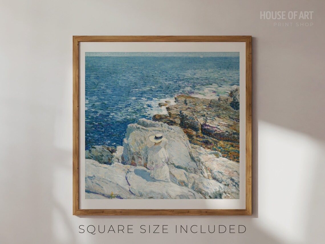 Woman In White Dress Sitting On Rocky Coast Impressionist Seascape Wall Art Poster - Image 2
