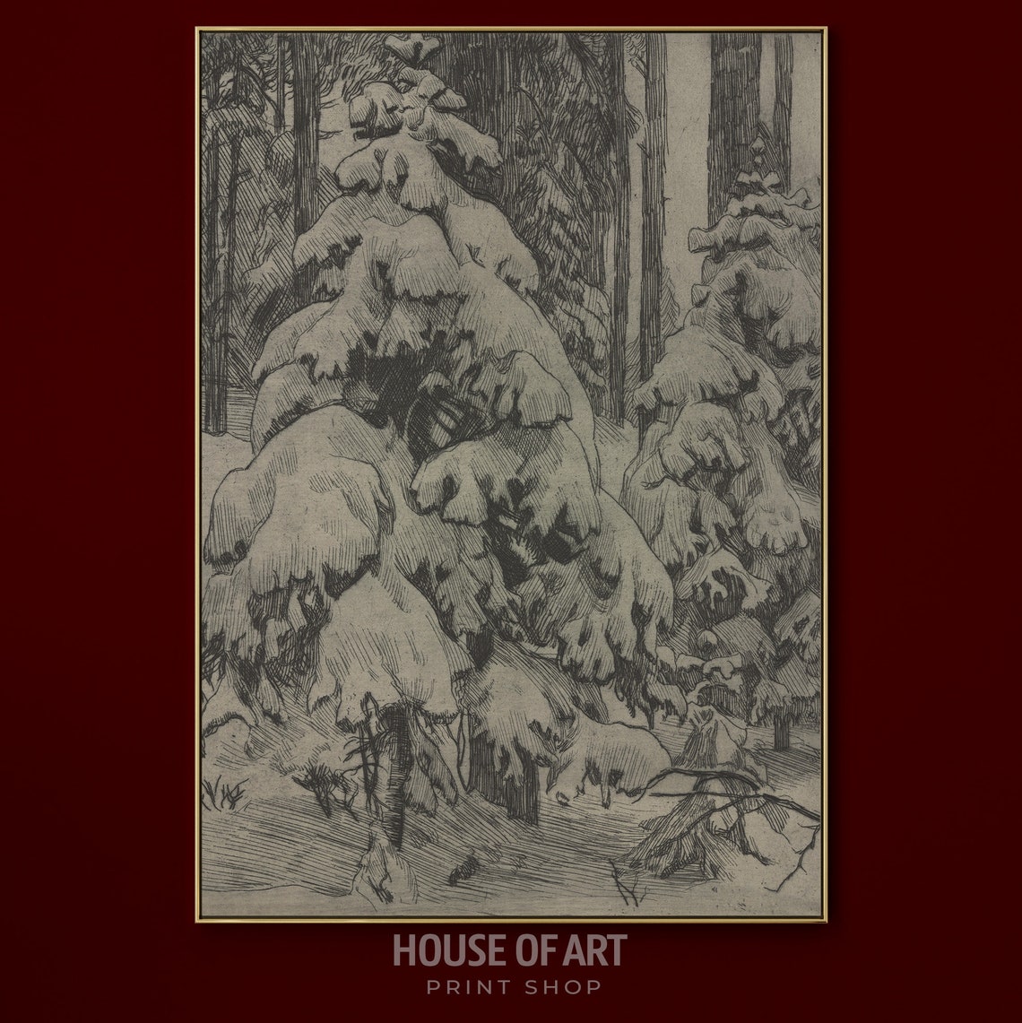 Snow Covered Pine Forest Winter Monochrome Etching Style Art Print - Image 3