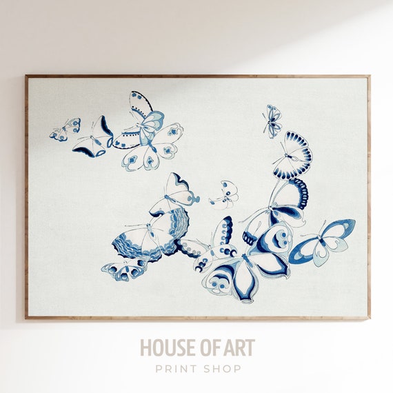 Blue Butterflies Illustration Japanese Color Woodcut Print 14 Flying Butterflies Vintage Gallery Wall Print Wall Art