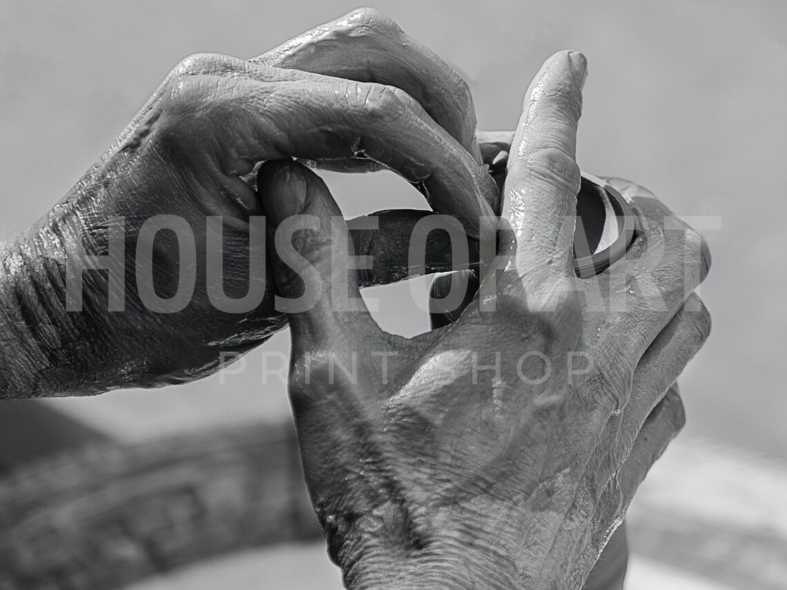 Potter Hands Shaping Clay Wheel Black White Photography Print - Image 2