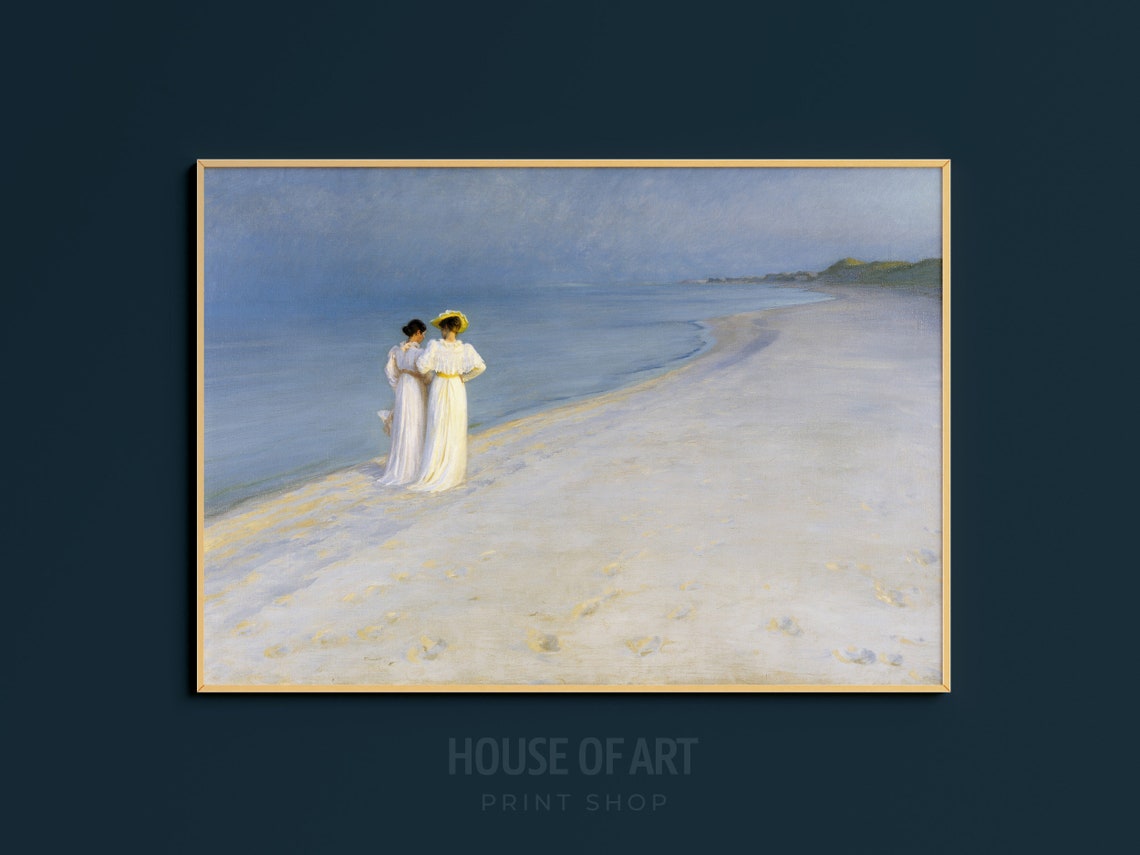 Moonlit Beach Evening Stroll Two Women Vintage Seaside Art Print - Image 3