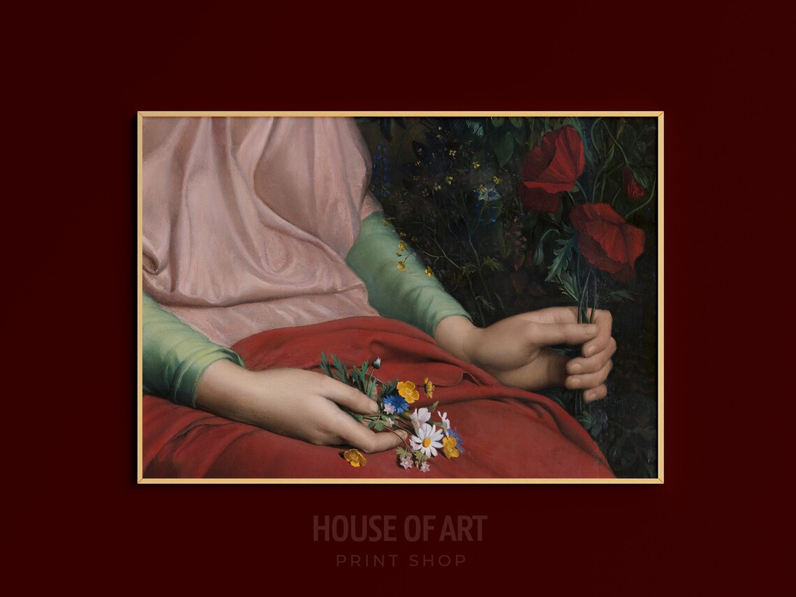 Woman's Hands Holding Wildflowers Red Dress Floral Oil Print - Image 3