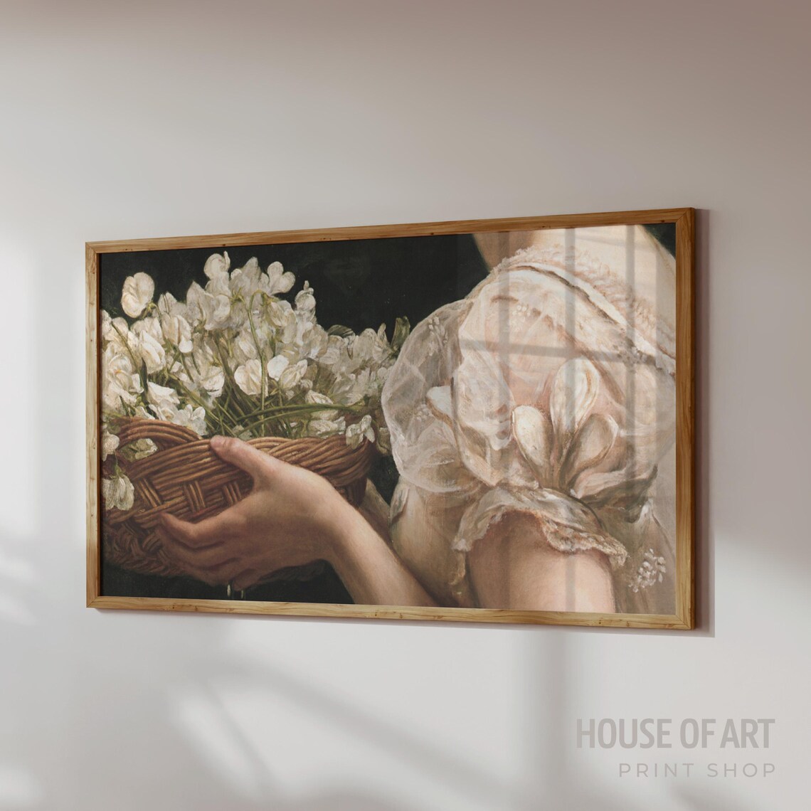 Woman Holding Basket Of White Flowers Vintage Floral Art Wall Print - Image 3