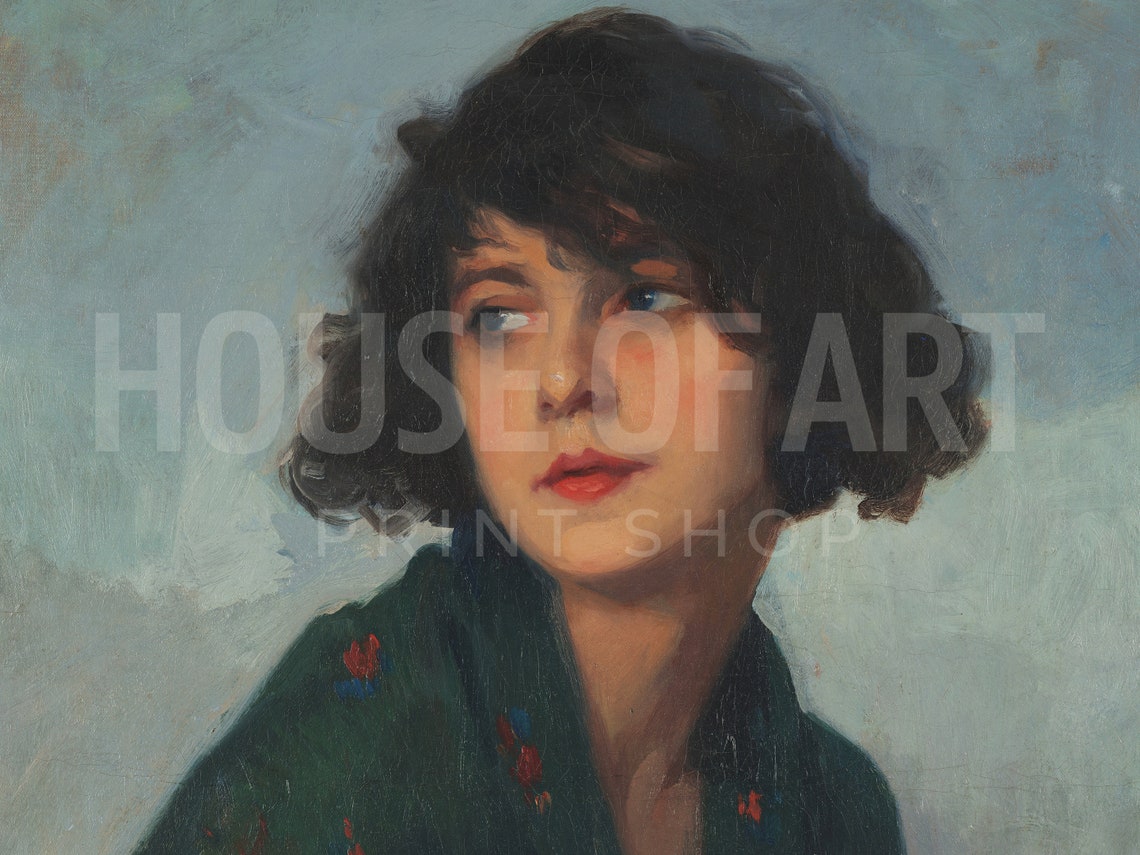 Frame Tv Art 4k Vintage Girl Portrait Oil Painting Dreamy Gaze Young Woman Antique Artwork Brown Black Curls Green Scarf - Image 2