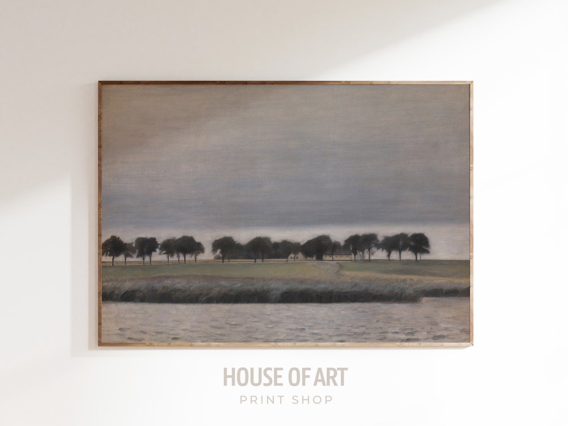 Moody Minimalist Gray Landscape Tree Line Water Cloudy Sky Oil Poster