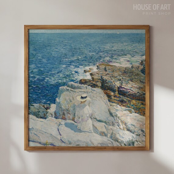 Woman White Dress Rocky Coast Overlook Blue Sea Impressionist Poster