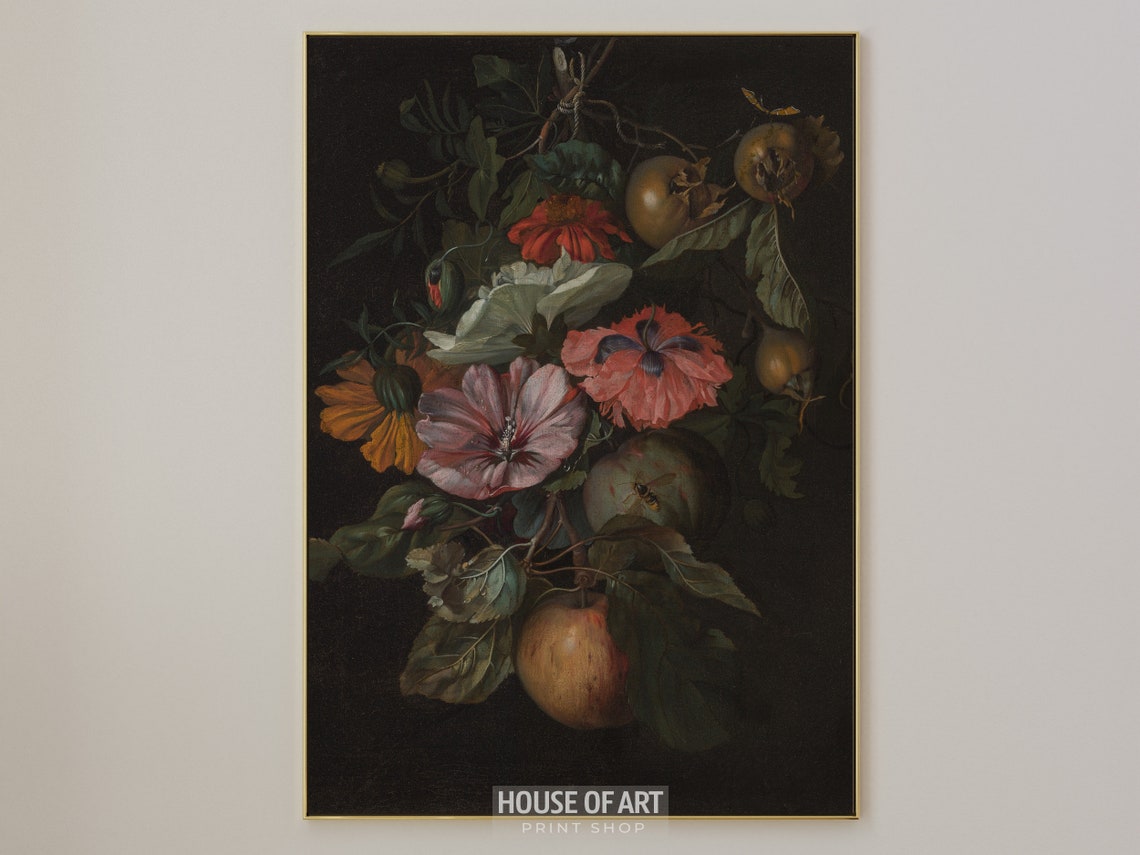 Dark Moody Vintage Floral Still Life With Fruit Antique Print