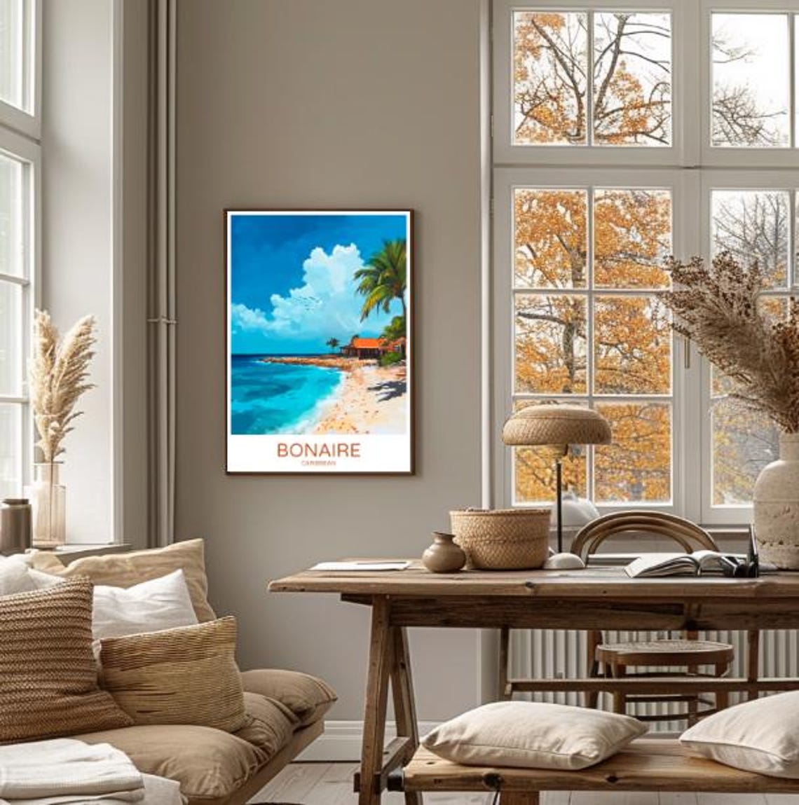 Bonaire Caribbean Beach Palm Trees Turquoise Water Hut Poster - Image 4