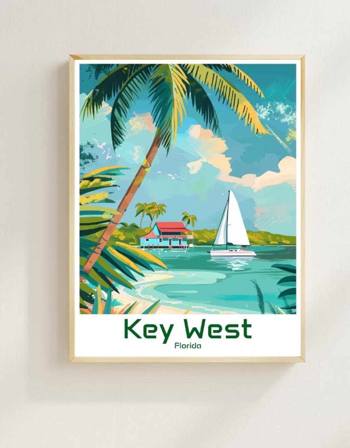 Key West Florida Tropical Palm Tree and Sailboat Travel Poster