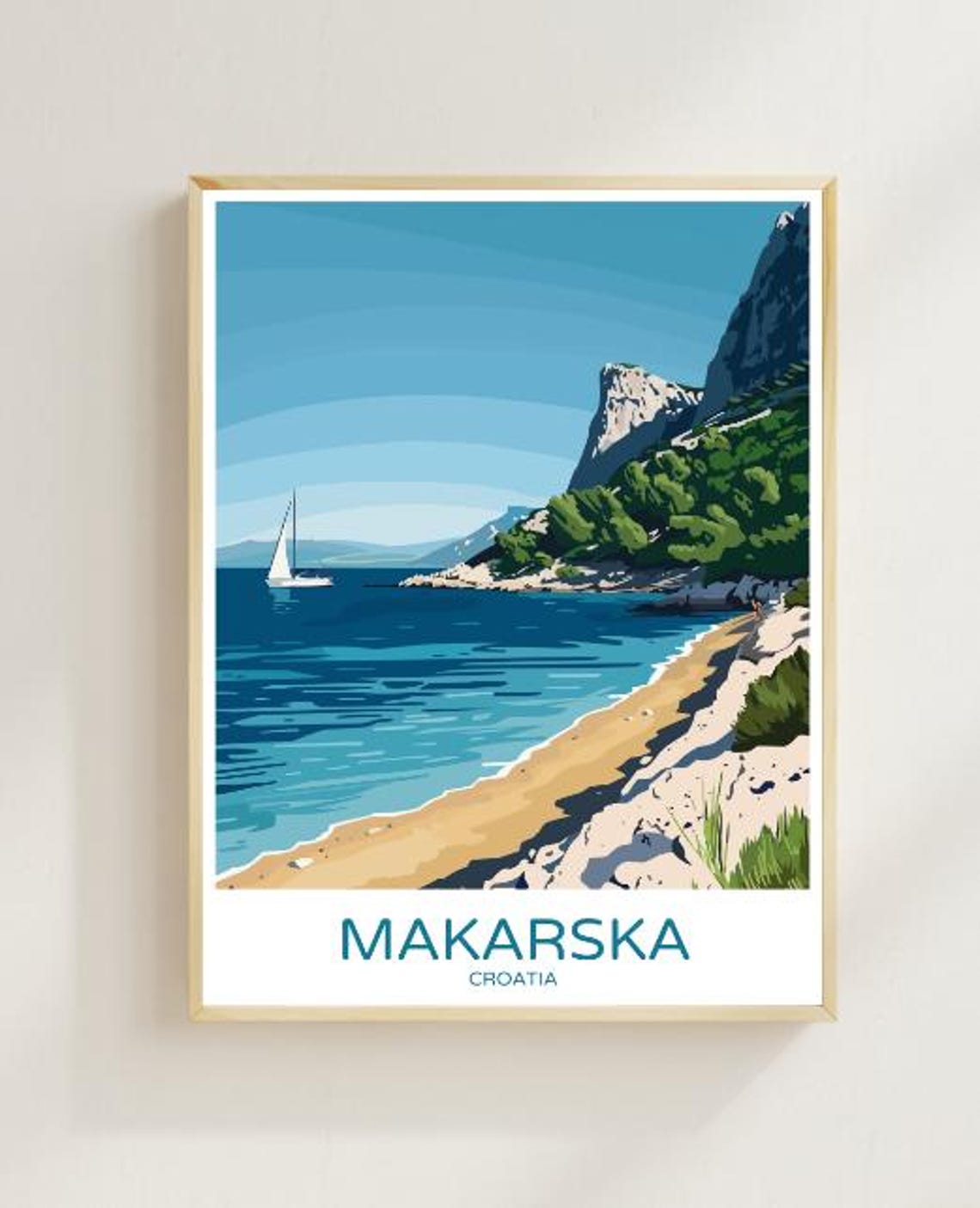 Makarska Croatia Beach Cove With Sailboat And Cliffs Travel Poster