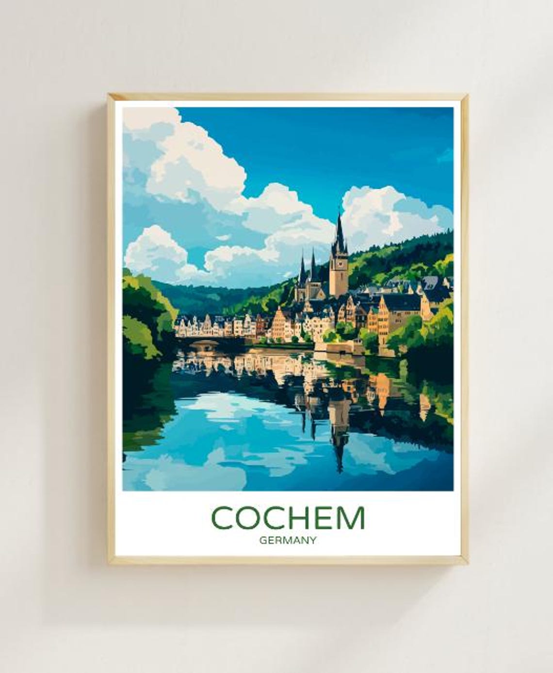 Cochem Germany Travel Poster Riverside Town And Castle Reflection View