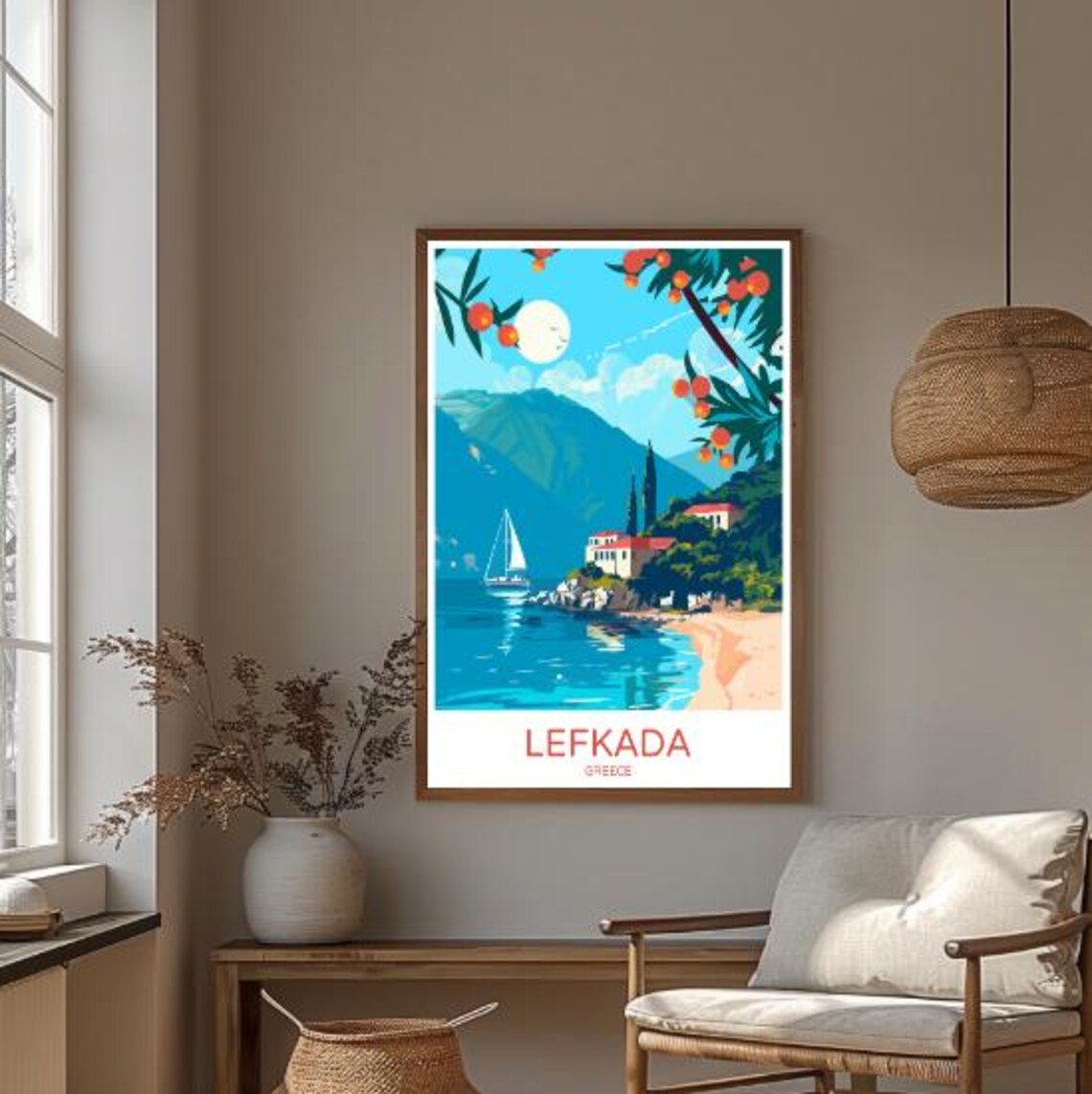 Lefkada Greece Turquoise Bay Sailboat and Villa Travel Poster - Image 3