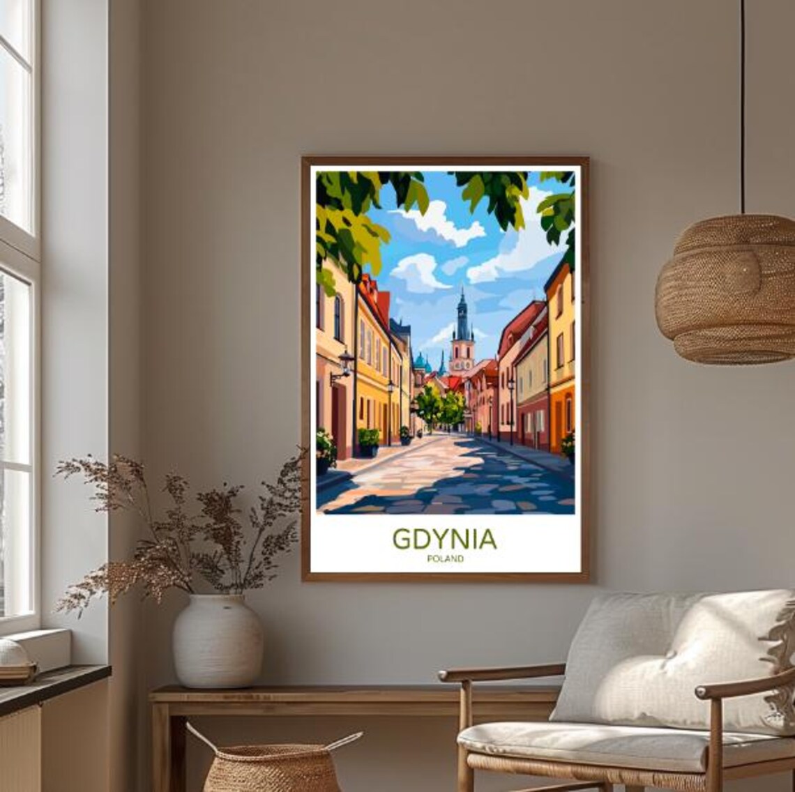 Gdynia Poland Travel Poster with a Historic Street and Church Towers - Image 3