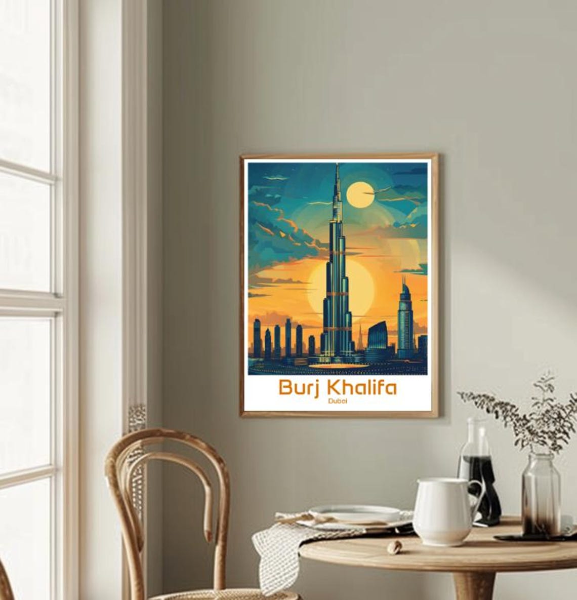 Burj Khalifa Dubai Skyline Glowing Under Golden Sunset Moon Poster - Image 2