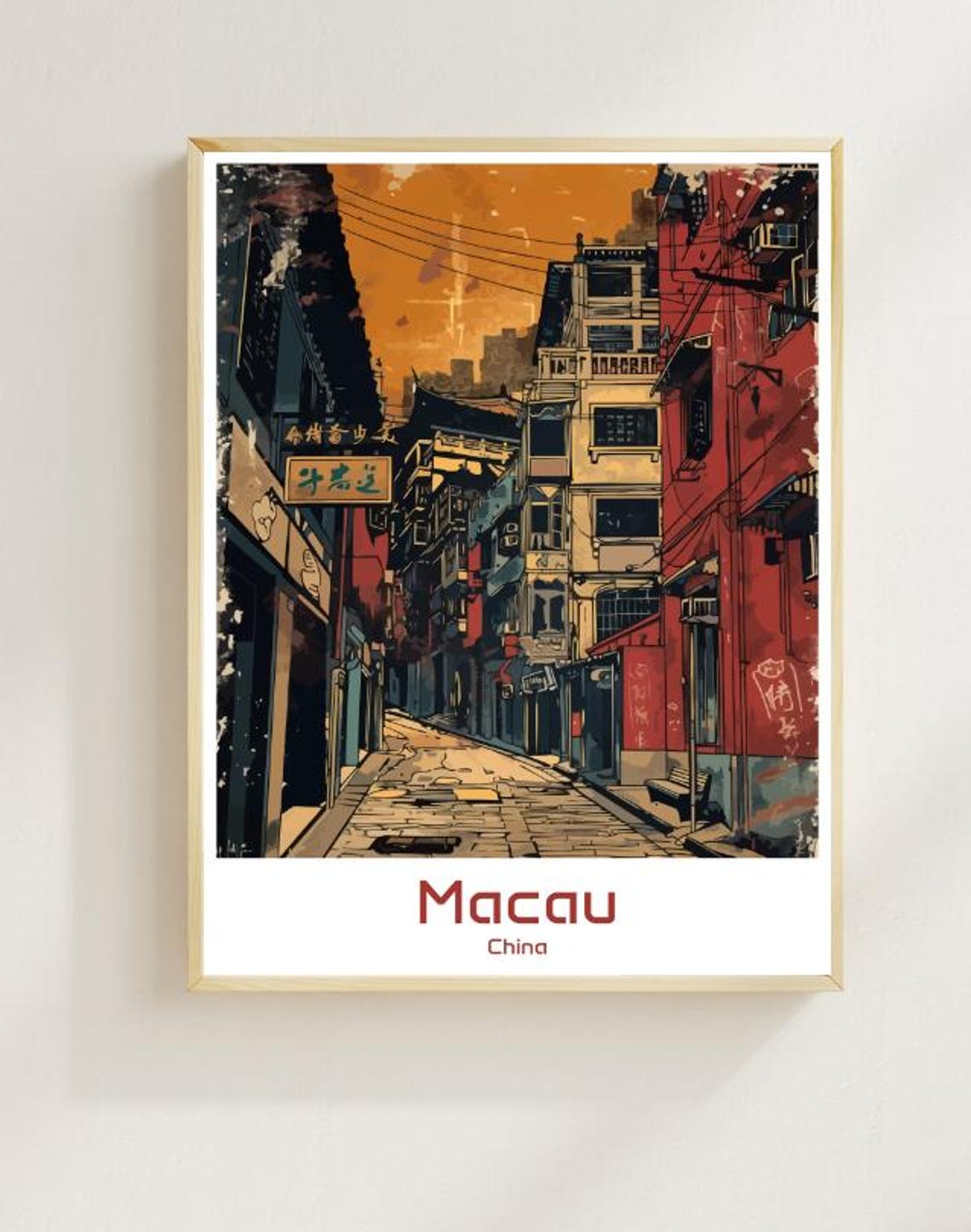 Macau China Historic Old Street Lanterns Sunset Vintage Style Poster