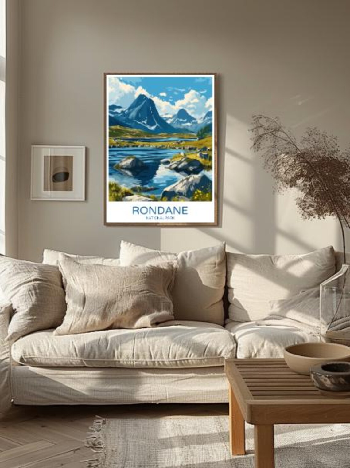 Rondane Snowy Mountain Peaks Reflecting In Rocky Lake Travel Poster - Image 2