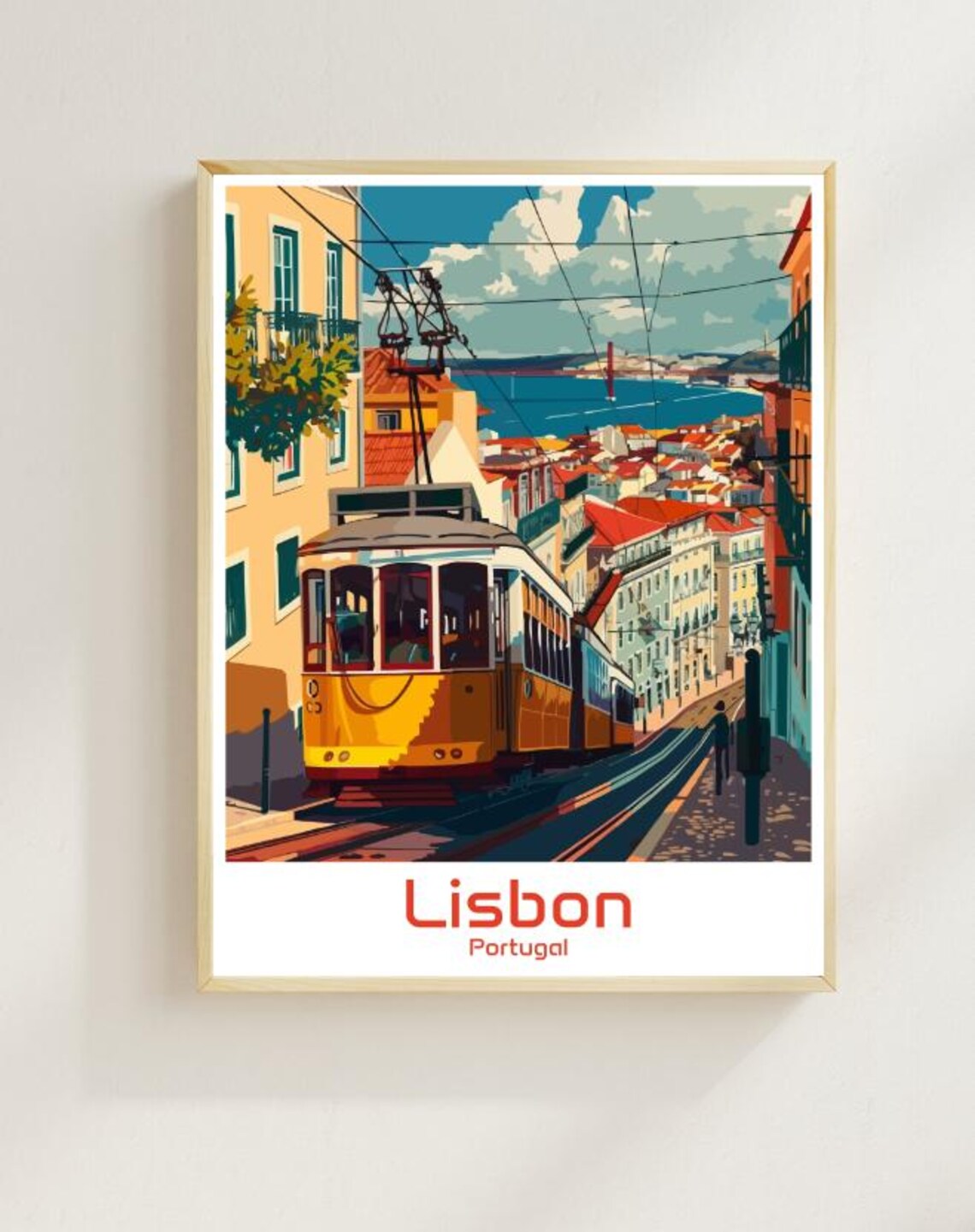 Lisbon Portugal Yellow Tram Alfama Street Vintage Travel Poster