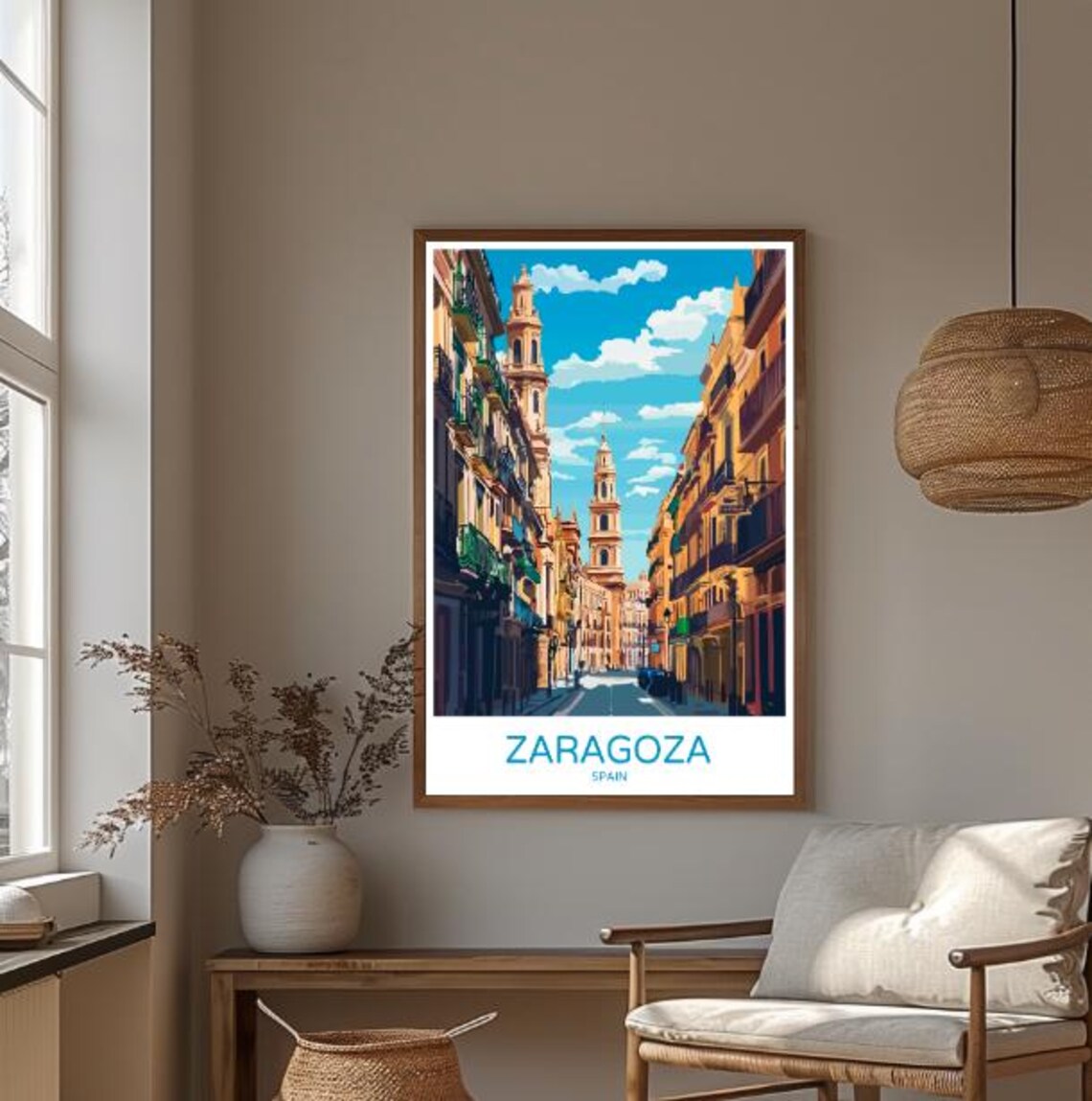 Zaragoza Twin Bell Towers Historic Old Town Street Spain Poster - Image 3
