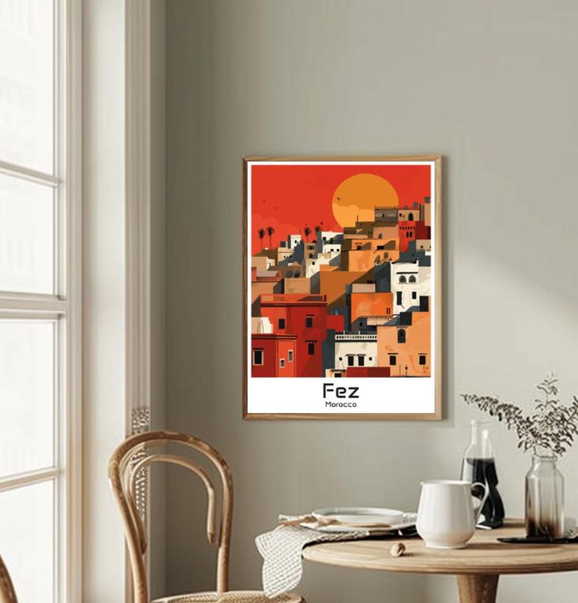 Ancient Fez Morocco Medina Rooftops Warm Sunset Retro Travel Poster - Image 2