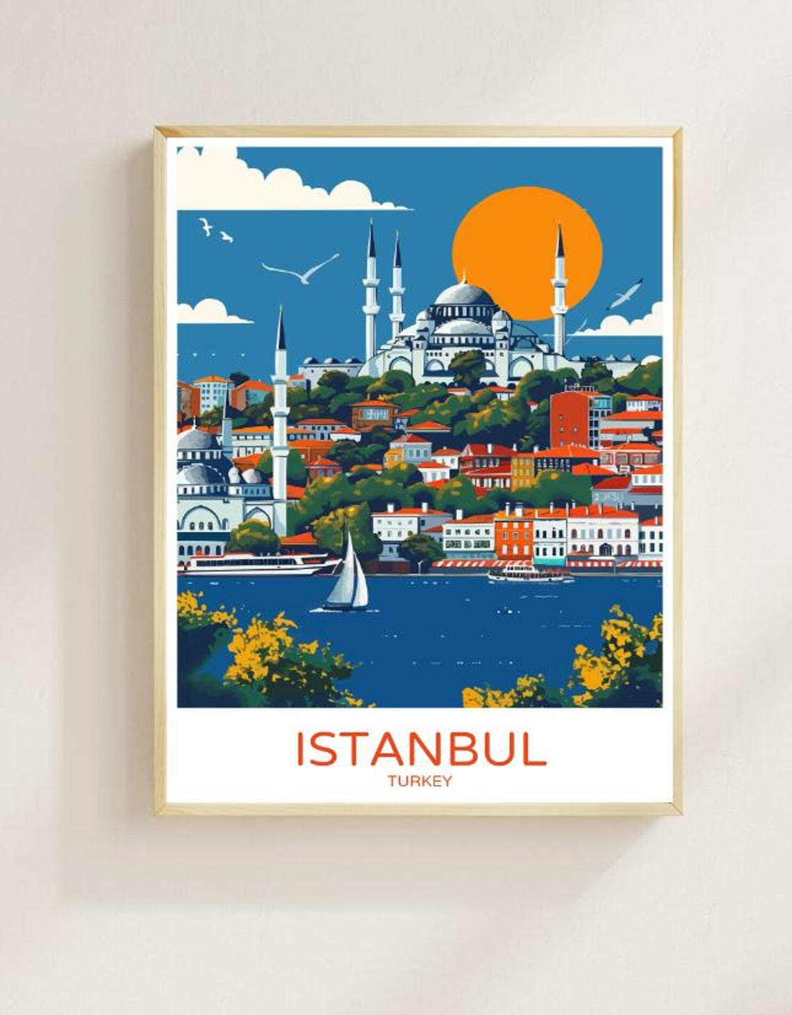 Istanbul Turkey Illustrated Sunset Mosque Bosphorus Scene Poster