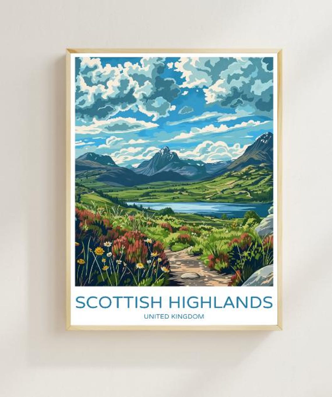 Scottish Highlands Trail Through Wildflowers Lake Travel Poster