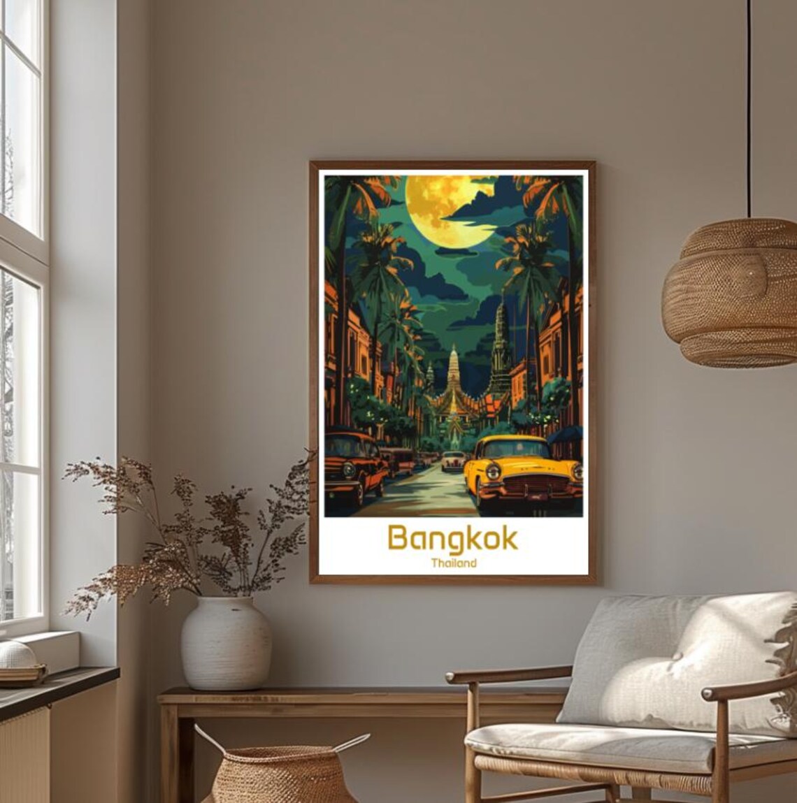 Bangkok Thailand Night Street With Temple Spires And Moon Poster - Image 4