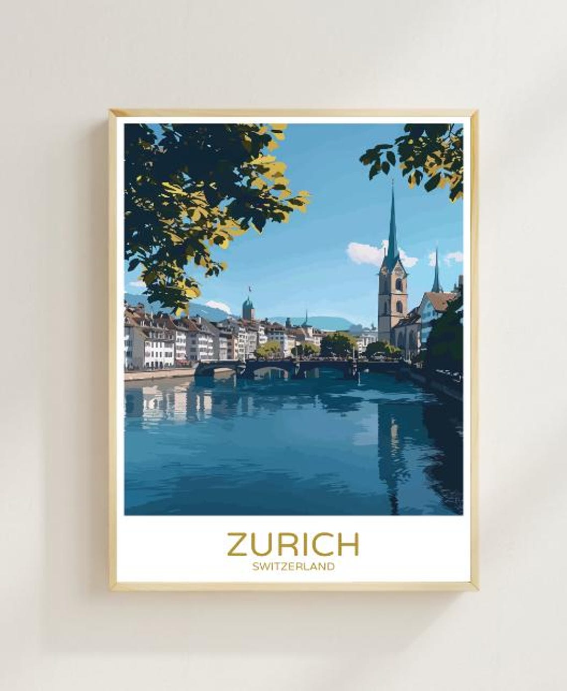 Zurich Switzerland Travel Poster Scenic City Lake Views Swiss Alps Backdrop European Cityscape Art Vacation Wall Art Home Decor